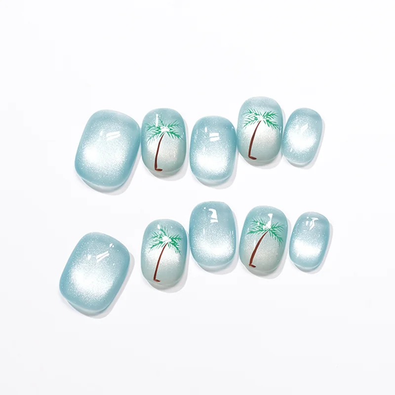 10pcs Summer Beach Holiday Sea Blue Cat Eye Coconut Tree Pattern Short Square Circle Pure Handmade Nail Art Short Press On Nails