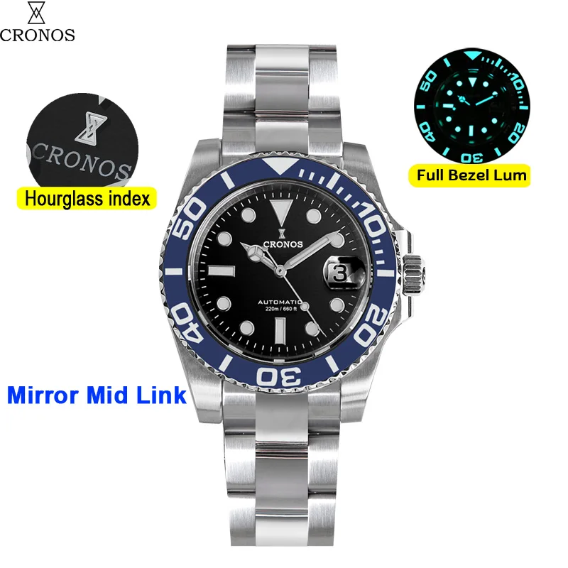 Cronos Sub Diver Men Watch Stainless Steel PT5000 Brushed Bracelet