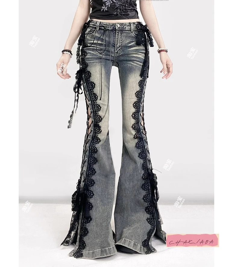 

Японские джинсовые расклешенные брюки Yabi, облегающие дизайнерские брюки с разрезом, женские брюки в стиле ретро Babes Y2k, черные женские кружевные ремни