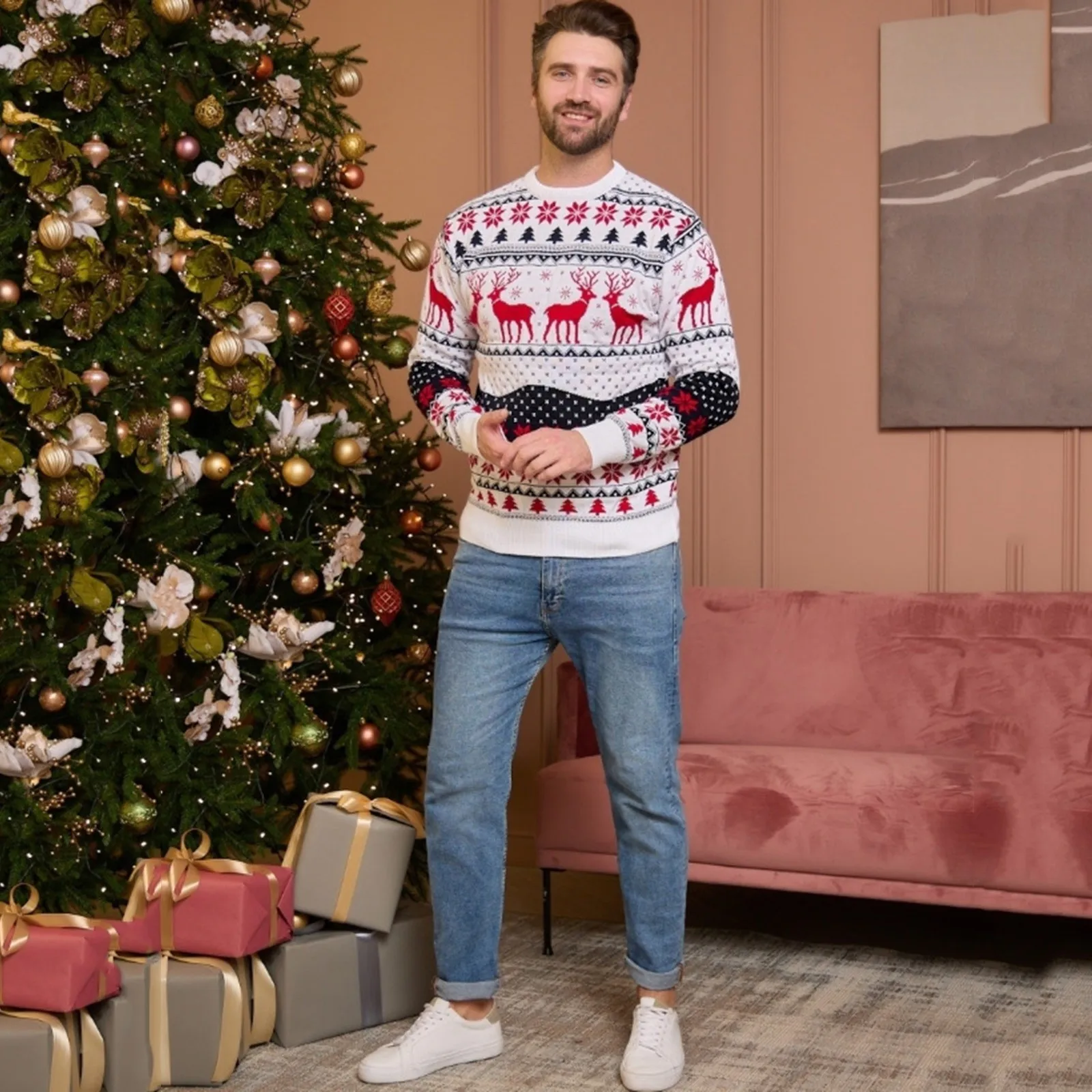 Men Christmas Sweater Thicken Knitwear Soft Loose Xmas Jumpers 2023 Winter Knitted Sweaters Couples Christmas Matching Outfits