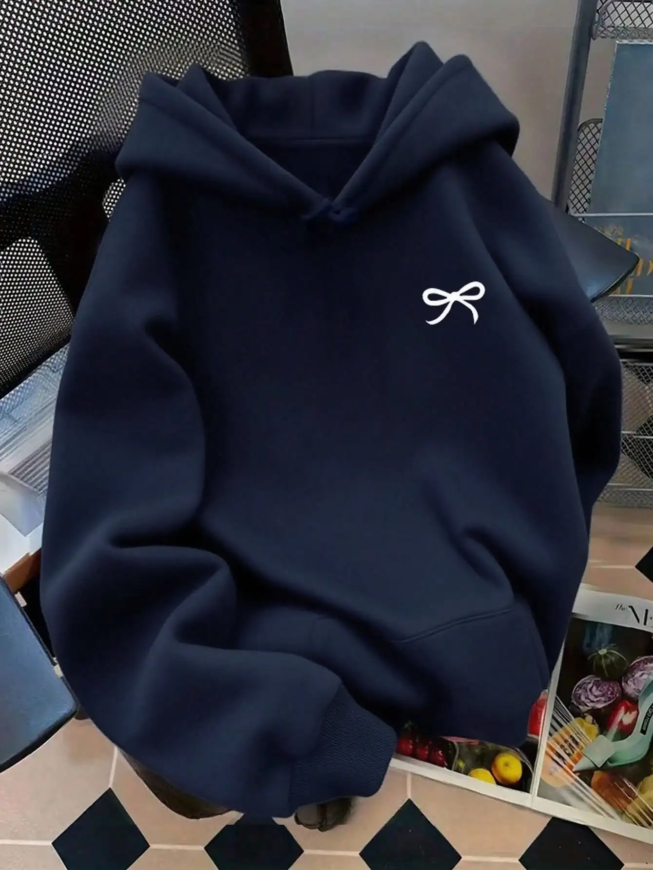 

Women's Navy Blue Hoodie with Small White Bow Embroidery, Casual Loose Fit Sweatshirt