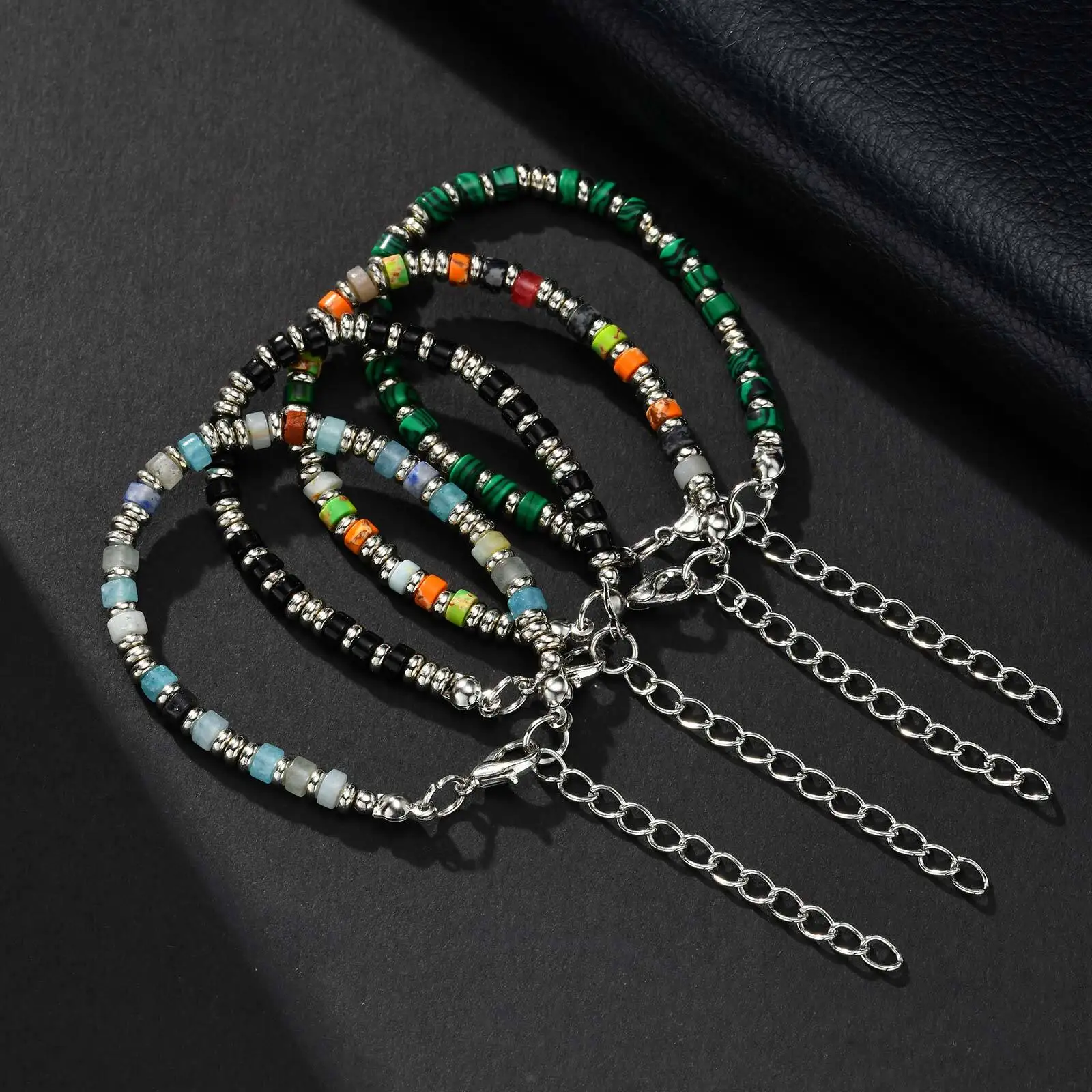 Men's Crystal Wheel Beads Bracelet,4mm Natural Stone Metal Wheel Beaded Bracelet,Adjustable Wristband Gift view 4