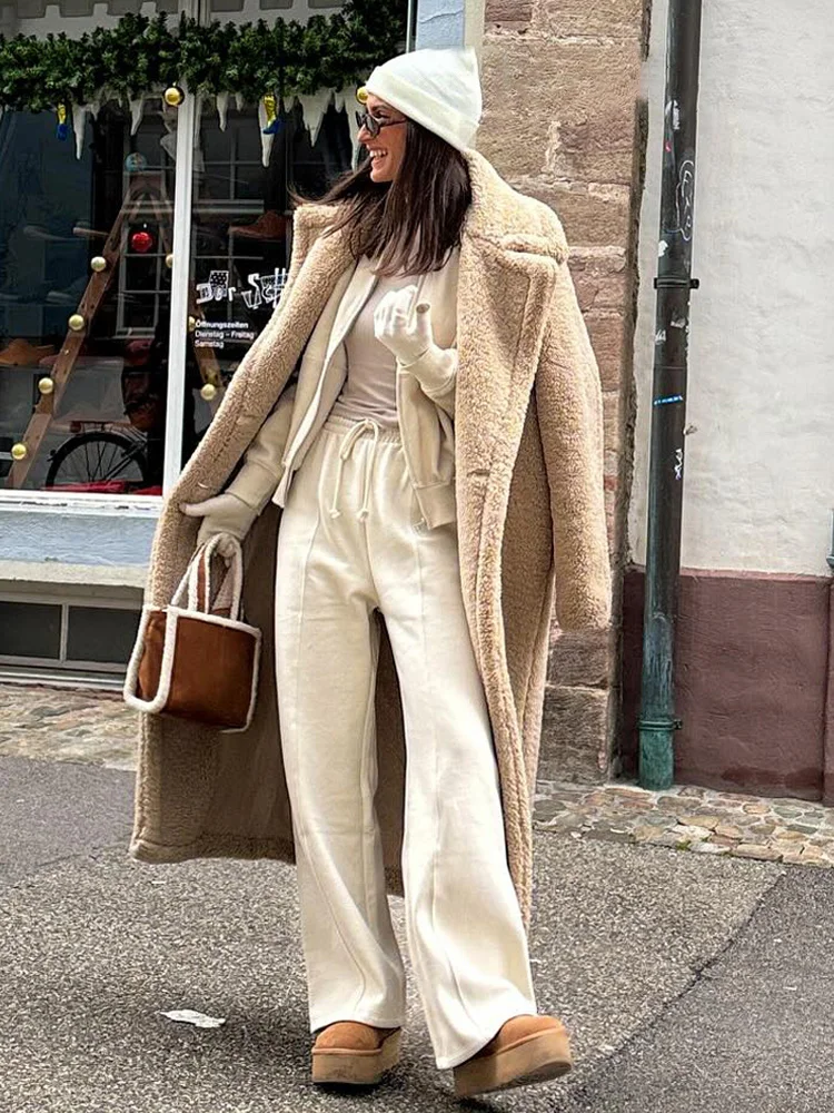 HH Vintage Teddy Long Coat Women Autumn Winter Lapel Chic Long Sleeve Double Breasted Big Jacket Woman Street Blend Overcoat