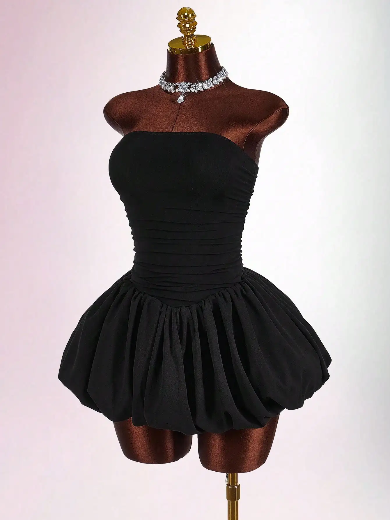

Black Strapless Ruched Bodice Puff Mini Dress for Summer Parties