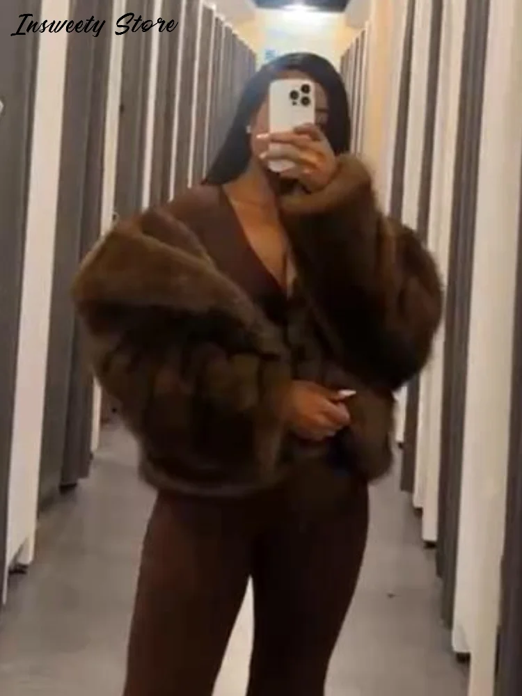 

Fashion Cropped Faux Fur Coat Women's Plush Full Sleeve Turn-down Collar Jacket 2025 Autumn Winter Lady Warm Casual Outerwear