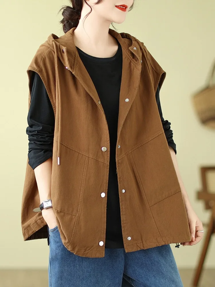 Retro Minimalist Cotton Hooded Vest Women's Loose Outerwear Autumn Season Sleeveless Top Casual Style Home Comfort Wear