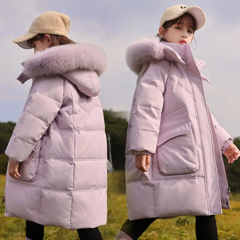

2024 new children's medium and long thick girls' wear with fur collar