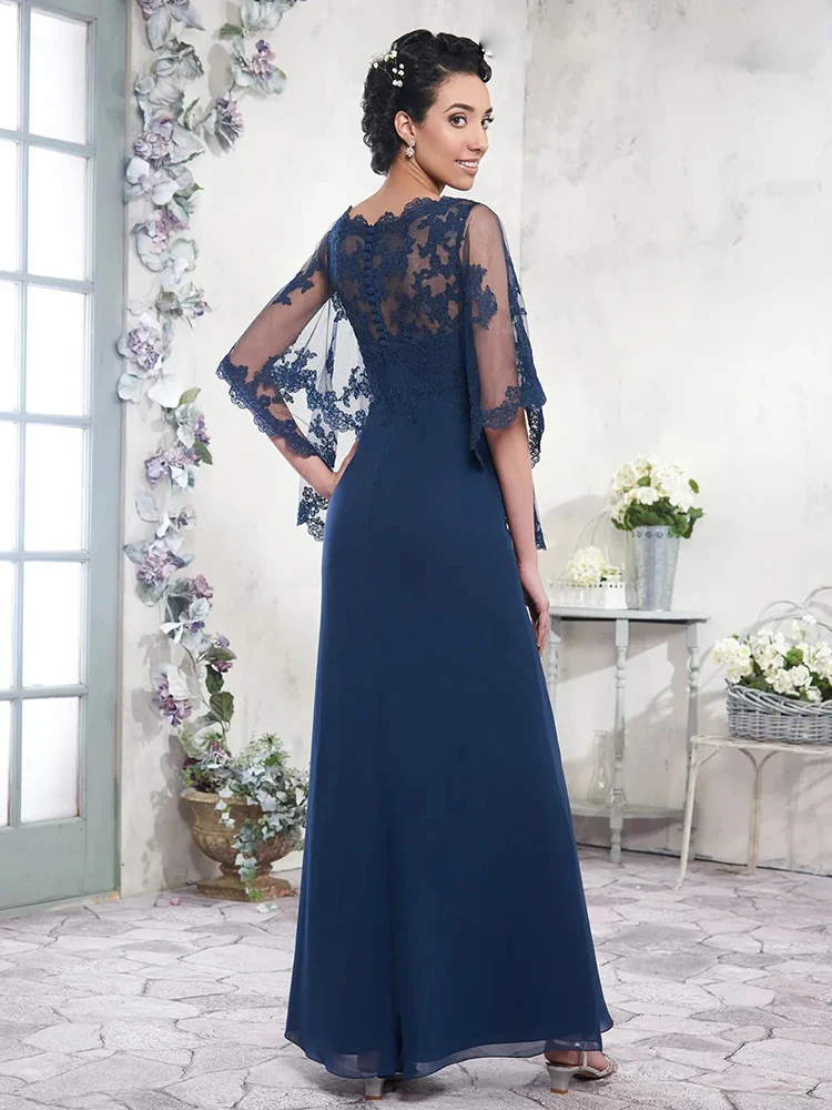 Vestido de chiffon para a mãe da noiva, azul marinho, até o chão, tule longo com applique cape, festa formal, casamento, verão, 2023