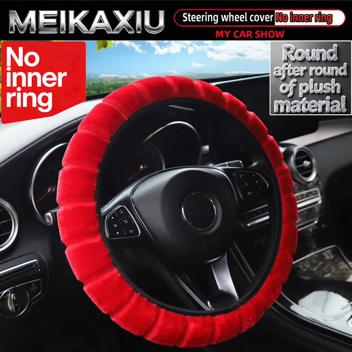 38cm round Plush Car Steering Wheel Cover Bamboo Joint Design Women's Accessory No Inner Ring Required Automotive Decor