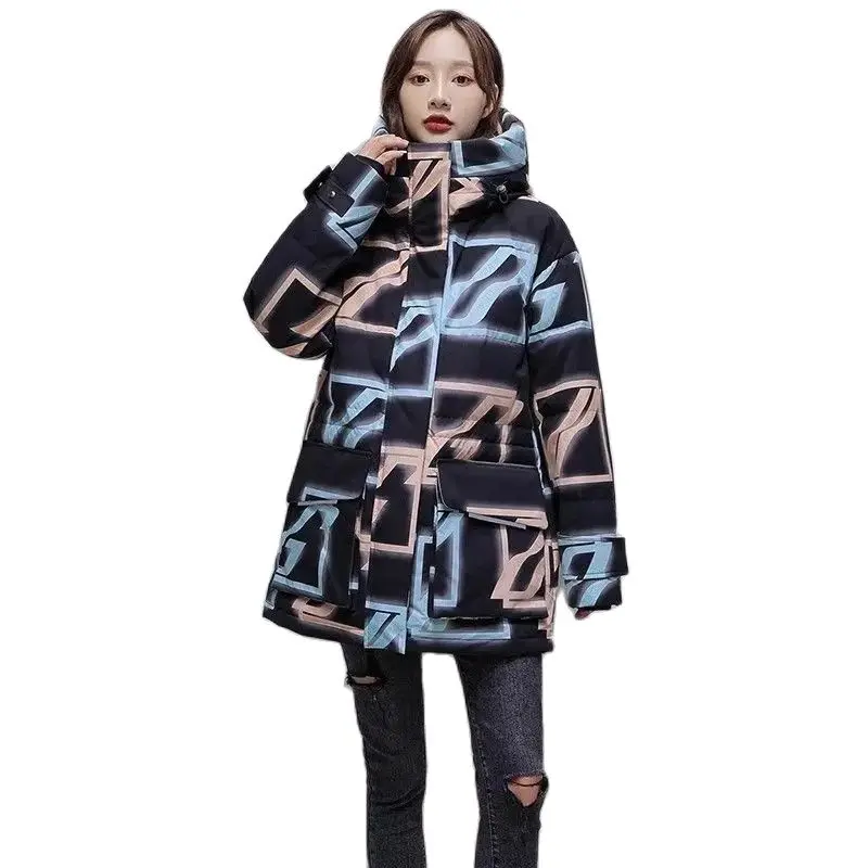 2023 Winter New Korean Version Loose Fit Women's Down Coat Leisure Warmth Colored Plaid Printing Fashion Casual Windproof Coat B