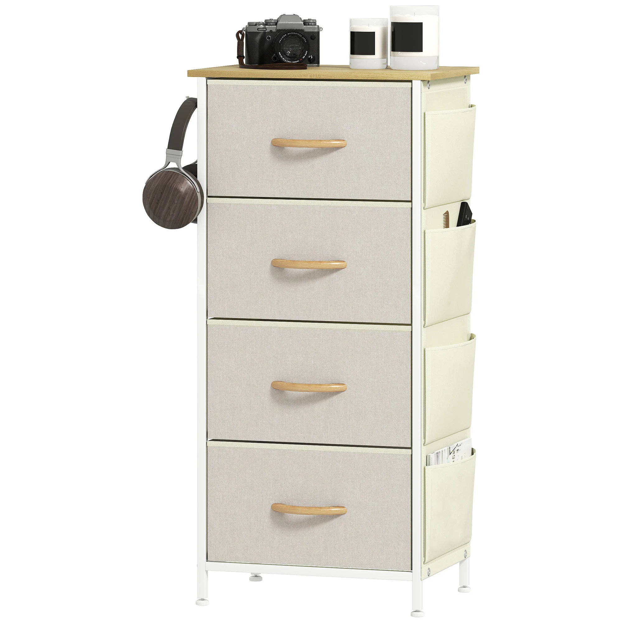 Cómoda HOMCOM de 4 cajones en tela, mueble de almacenaje con 4 bolsillos, 2 ganchos, estructura de acero, chifón para salón, ch