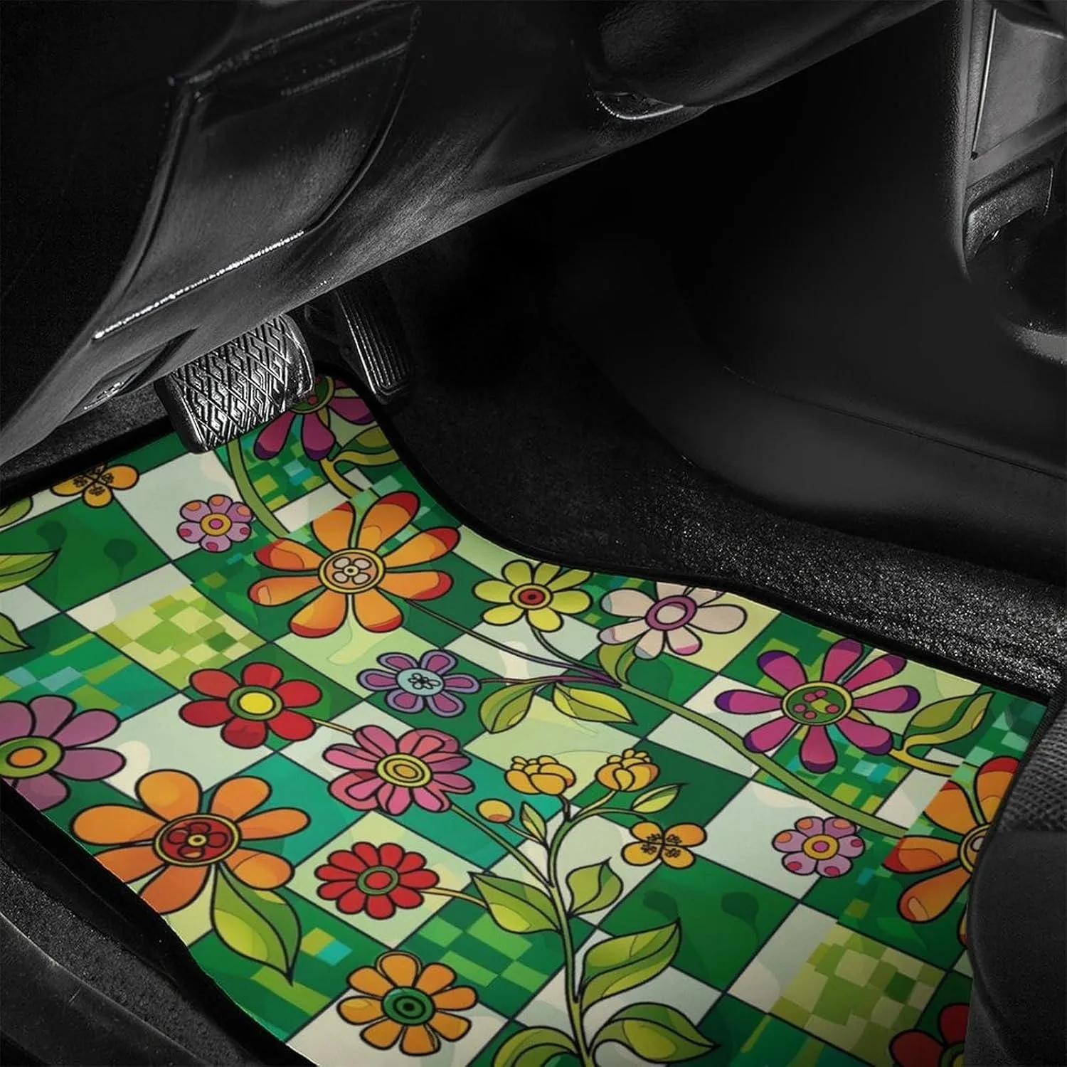 4-Pcs Groovy Flowers Car Floor Mats | Universal Fit Polyester Carpet Mats For SUVs, Trucks, Sedans, Vans