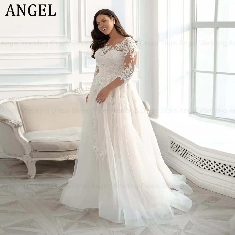 ANGEL Customized Charming Plus Size Wedding Dresses 2026 A-Line Scoop Appliues 3/4 Sleeves Tulle Bridal Gowns Vestidos De Noiva