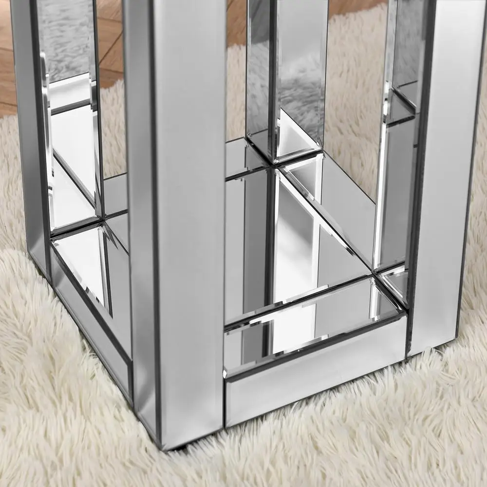 Mirrored End Table Crystal Inlay 2-Tier Square Sofa Side Table Modern Silver Accent Storage 26"H