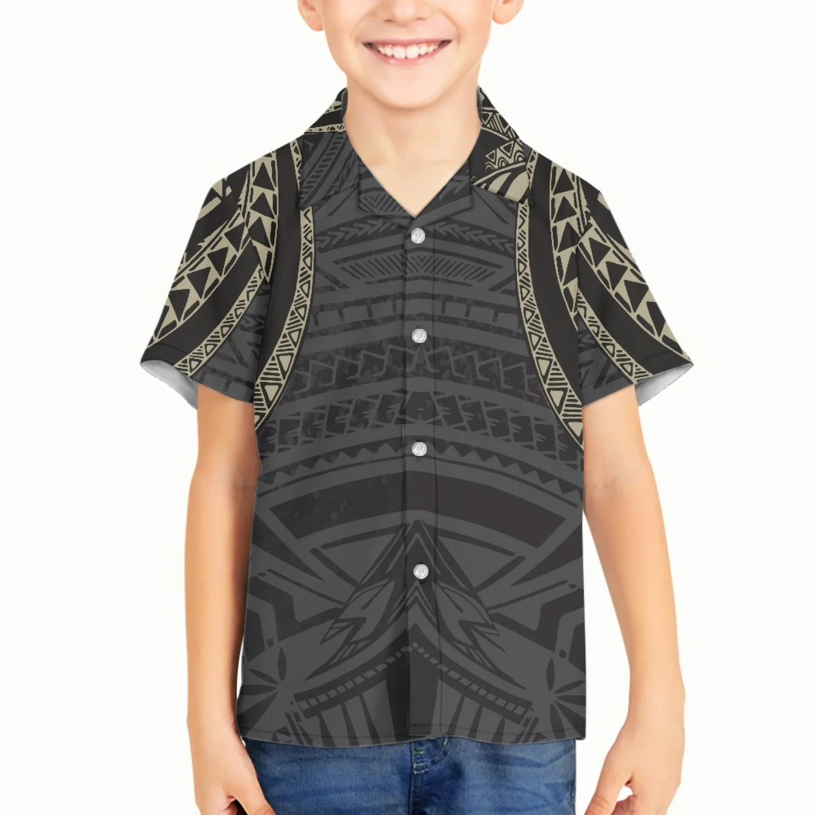 

New Design Samoa Summer Polynesia 5-12 Boys Tattoo Printing V-Neck Boys Shirt Polyester Short-Sleeved Hawaii Leisure Shirt