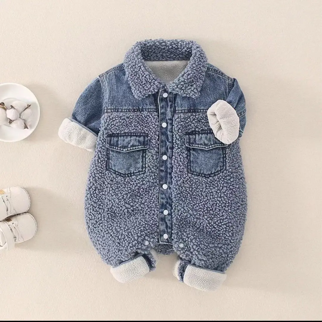 Autumn and Winter New Denim Cotton Romper Turn-down Collar Splicing Double Pocket Infant and Girl Jumpsuit
