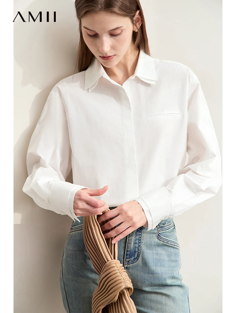 

Amii Minimalism Women Shirts 2024 Autumn New Commuter Double Lapel Cuff Cotton Shirt Drop Sleeve Solid Female Blouses 12443060