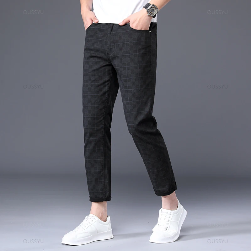 Lente Zomer Merk Kleding Geruit Enkel Lengte Broek Mannen 98% Katoen Klassiekers Retro Business Banket Party Casual Broek Man