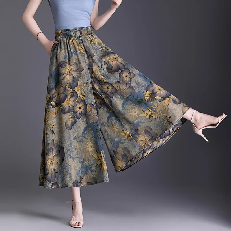 

Ice Silk Wide Leg Pants Nine-Piece Women's Summer 2025 New Elastic Waist Printed Casual Big Foot Pants Skirt Pants
