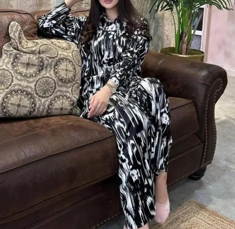 Elegant Two Piece Set for Woman Fashion loose satin abstract line printed long sleeved top high waist loose wide leg pants set