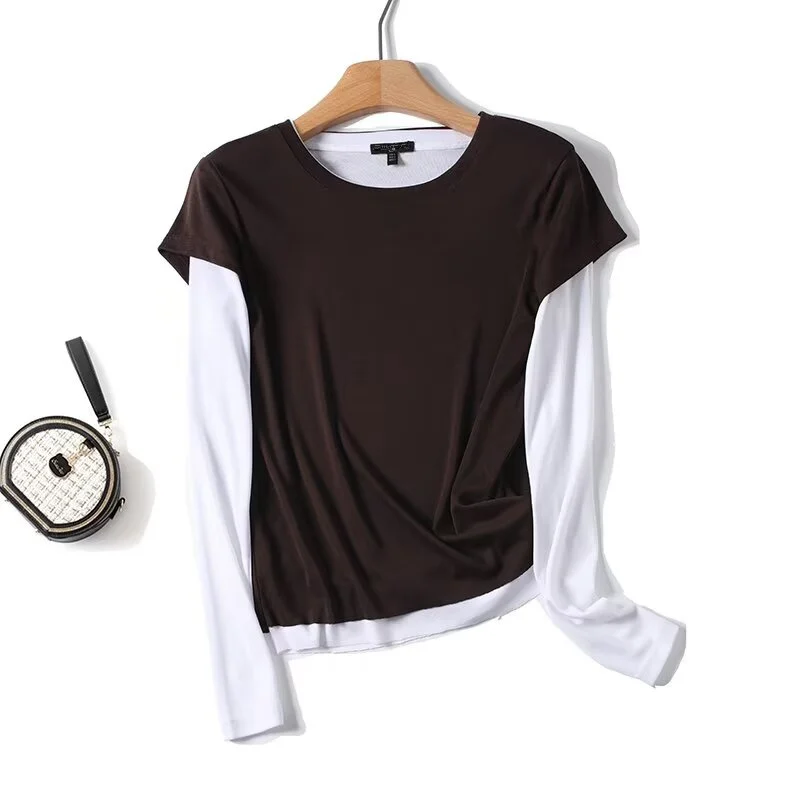 Maxdutti Vintage Tops Korean Popular Women's Clothes Minimalist Contrast Color Cotton Fake Two-piece Knitted T-shirt Women