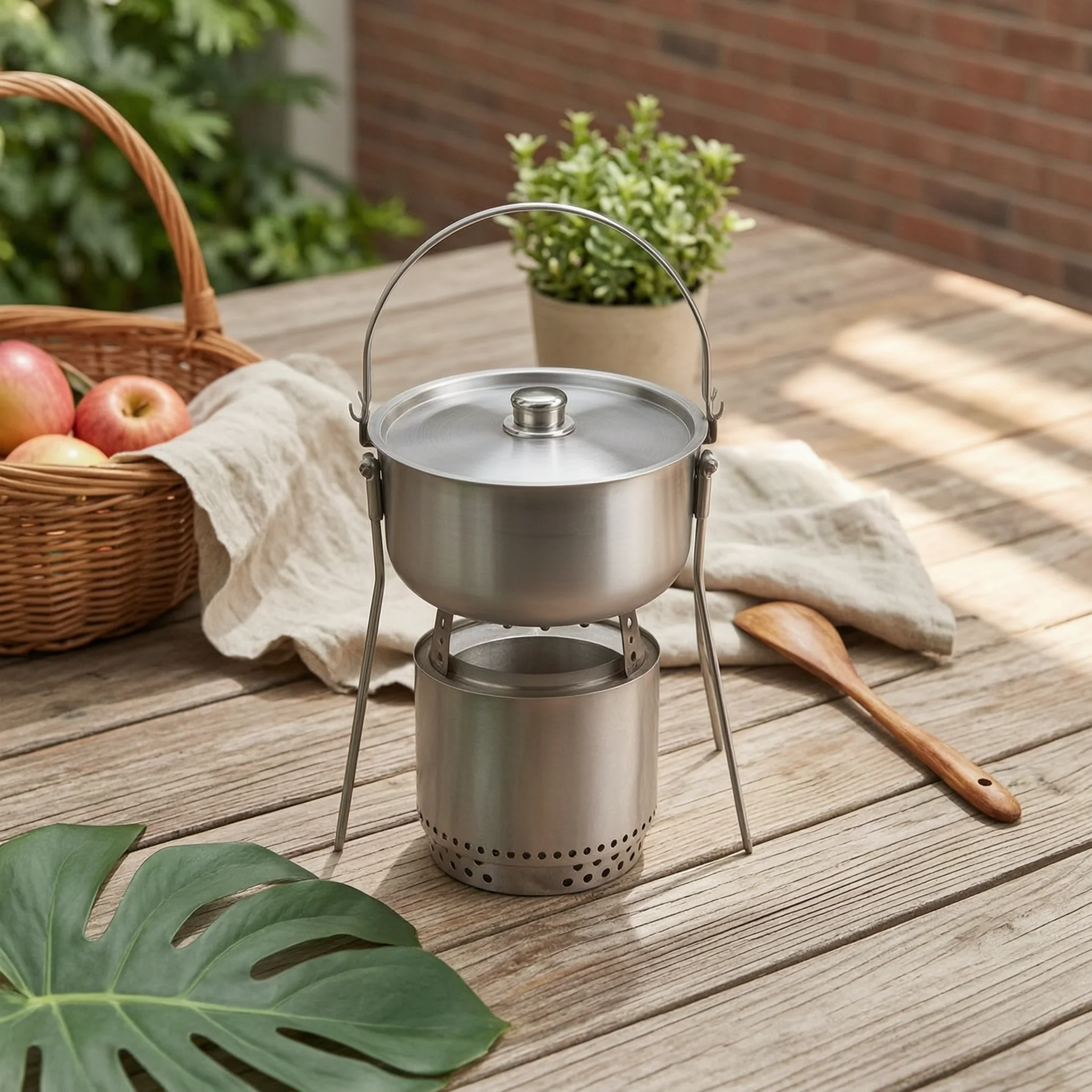 Pot with Tripod Frame Brushed Camping Pot with Lid Can Easy to Clean Cookware Heat-Resistant for Campers, Campfire Cooking