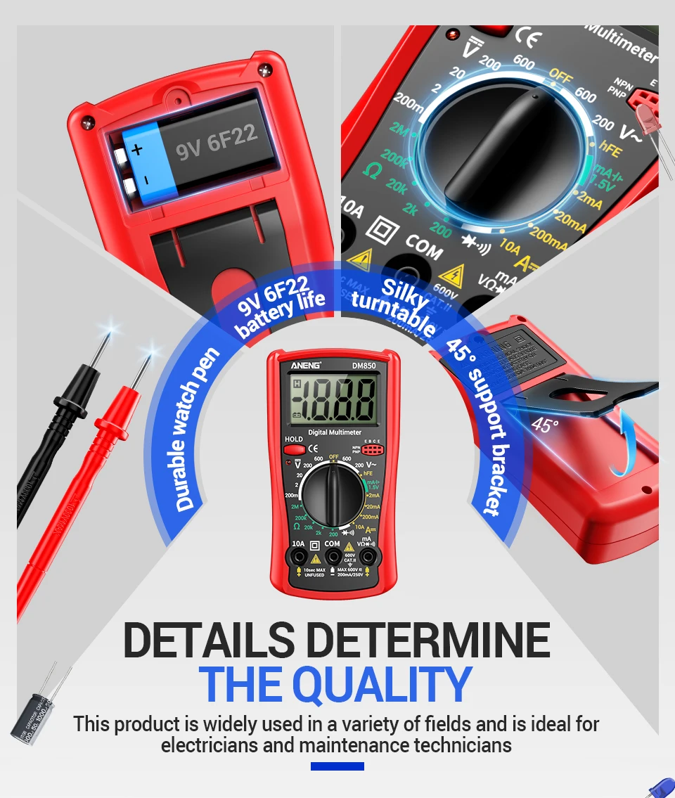 ANENG DM850 Digitalmultimeter mit 1999 Messwerten, Gratis Geschenk BT173 Batterietester, AC/DC-Spannung, Strom, Widerstand, Diodentest, tragbar – Detail 5