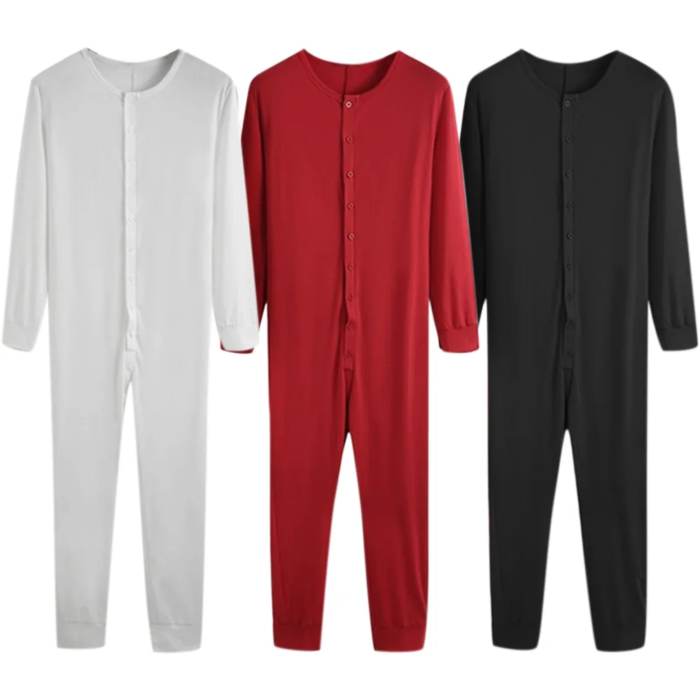 

Mens Jumpsuit Pajamas Fitness Homewear Round-neck Long Sleeve Comfortable Sleepwear Button Leisure One-piece Rompers Nightwear