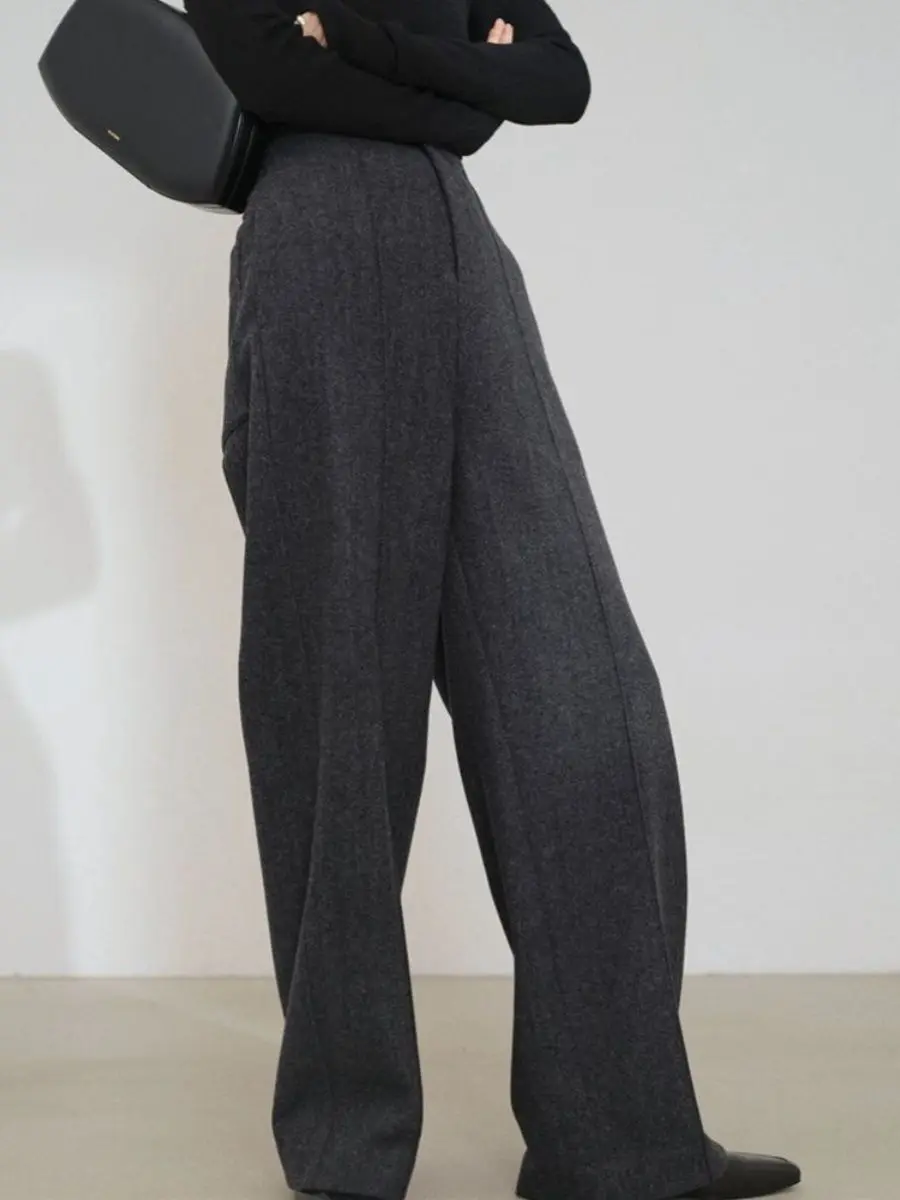 Spot Autumn and Winter High-waisted Loose Slim Straight Trousers Gray Dark Gray Woolen Suit Wide-leg Pants for Women