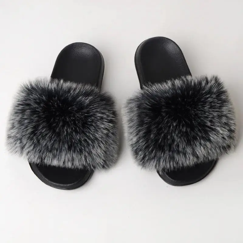 Monochrome Solid Color Imitation Fox Fur Slippers Women Summer Fashion Simple Indoor Non-Slip Fluffy Fox Fur Sandals