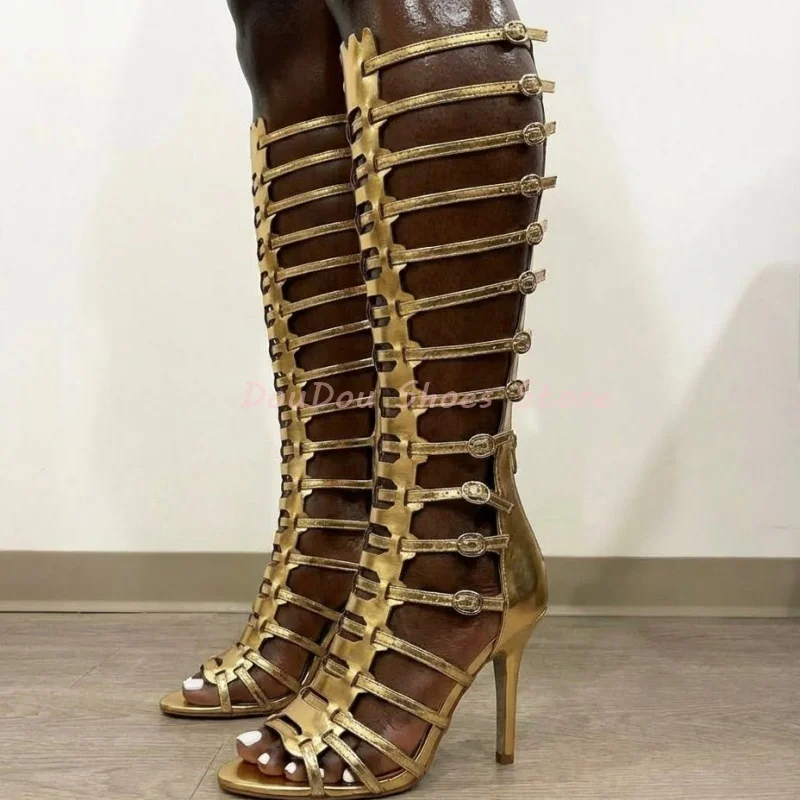 

Black Patent Leather Buckle Strap Knee High Boots Women Hollow Peep Toe Back Zipper Sandal Boots Street Style Summer Shoes New