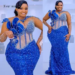 2024 Plus Size Royal Blue Mermaid Prom Dresses African Long Sleeves Crystals Sexy See Boning Wedding Evening Party Gowns