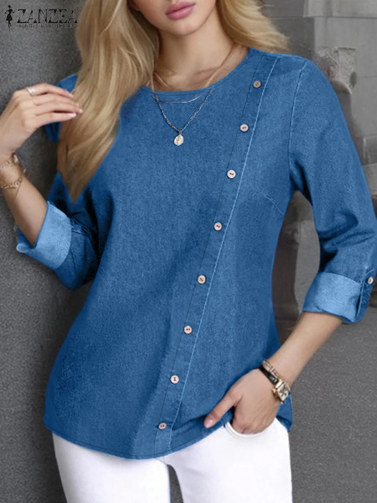 ZANZEA Casual Autumn 2024 Solid Tunics Fashion Loose Blue Blouse Women Slanted Buttons Decorated Tops Holiday Long Sleeve Blusas