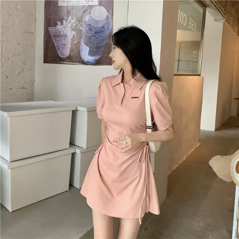 Turn-down Collar Short Sleeve Dress Elegant Women Summer New Drawstring Waist Slim Sweet Spicy Solid Color Women Short Dress