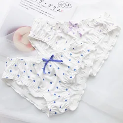 Women Cute Lovely Sweety Milk Silk Heart Print Underwear Princess Style Bow Ruffles Low Waist Breathable Panties Lattice Breifs