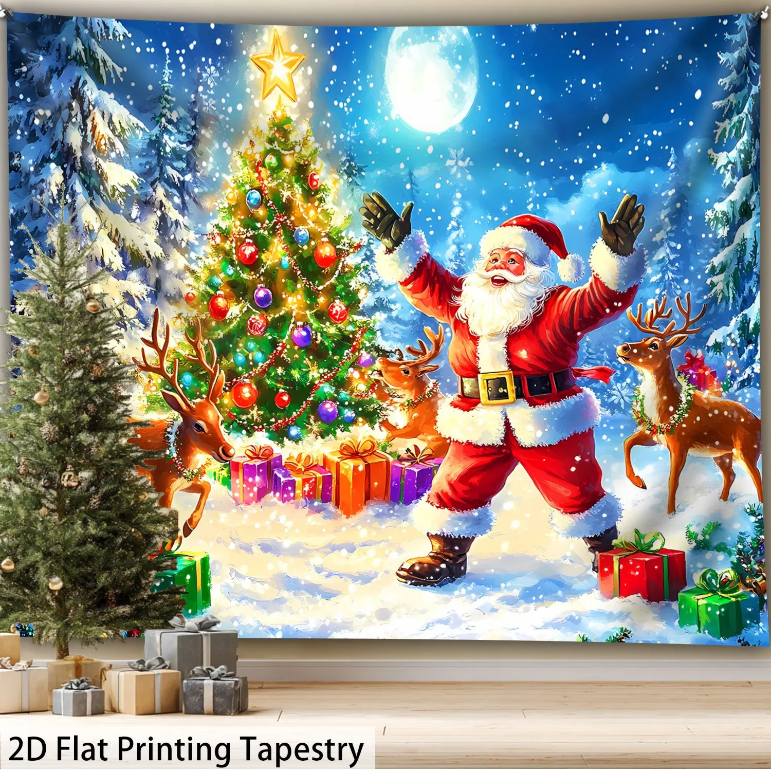 Christmas Tapestry, Santa Claus Tree Winter Night Snow Scene Starry Sky, HD Print Polyester Wall Hanging for Holiday Home Decor