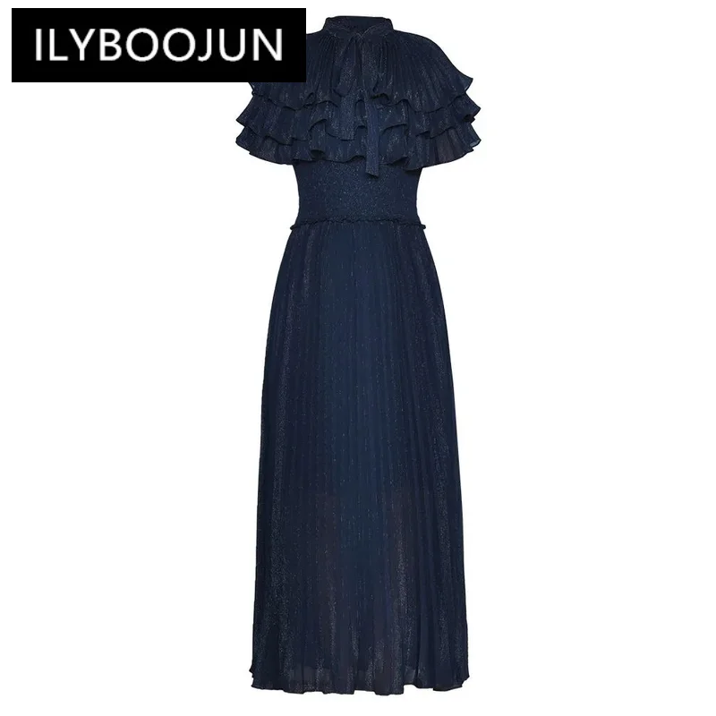 

ILYBOOJUN 2024 Summer Vacation Fashion Runway Dress Women Strap O Neck Ruffled Shine Princess Style Big Swing Maxi Dress