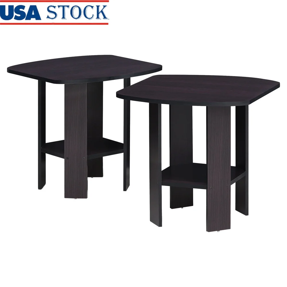 

Compact Stylish End Table Set of 2 Dark Walnut Engineered Wood Indoor Use Rounded Corner Safety Feature Space Saving Design