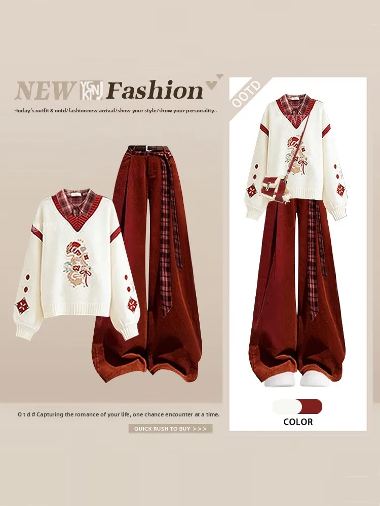 Conjunto de Tres Piezas para Mujer, Diseño Color Block, Suéter de Manga Larga, Camisa a Cuadros, Pantalones Anchos, Color Rojo de Año Nuevo, Elegante y Moderno