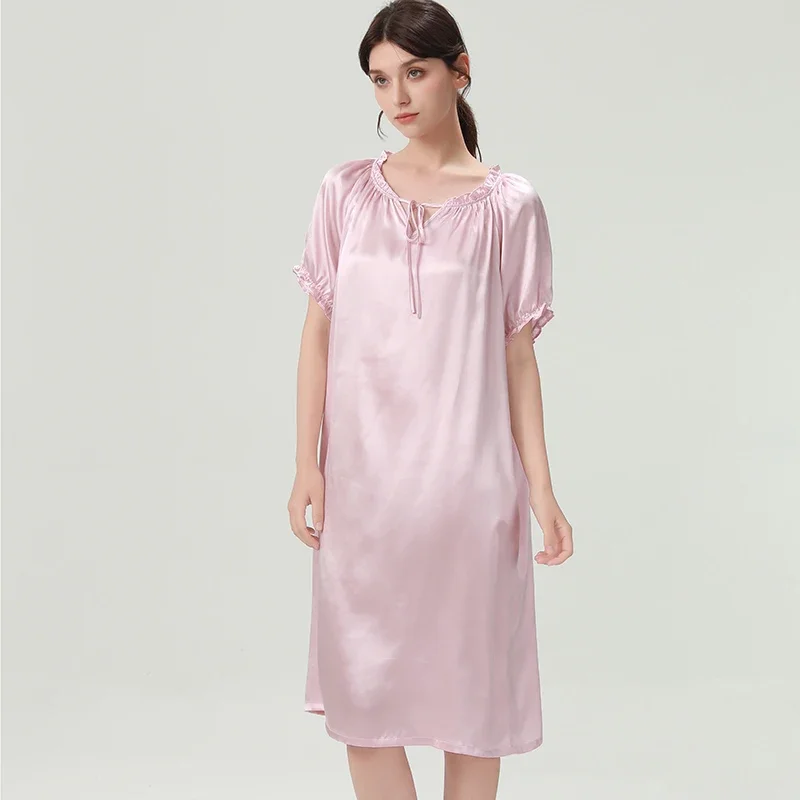 

19 мм 100% натуральная шелковая сорочка, ночная рубашка с круглым вырезом, свободная ночная рубашка, одежда для сна из тутового шелка, пижамное платье миди с короткими рукавами, ночная рубашка
