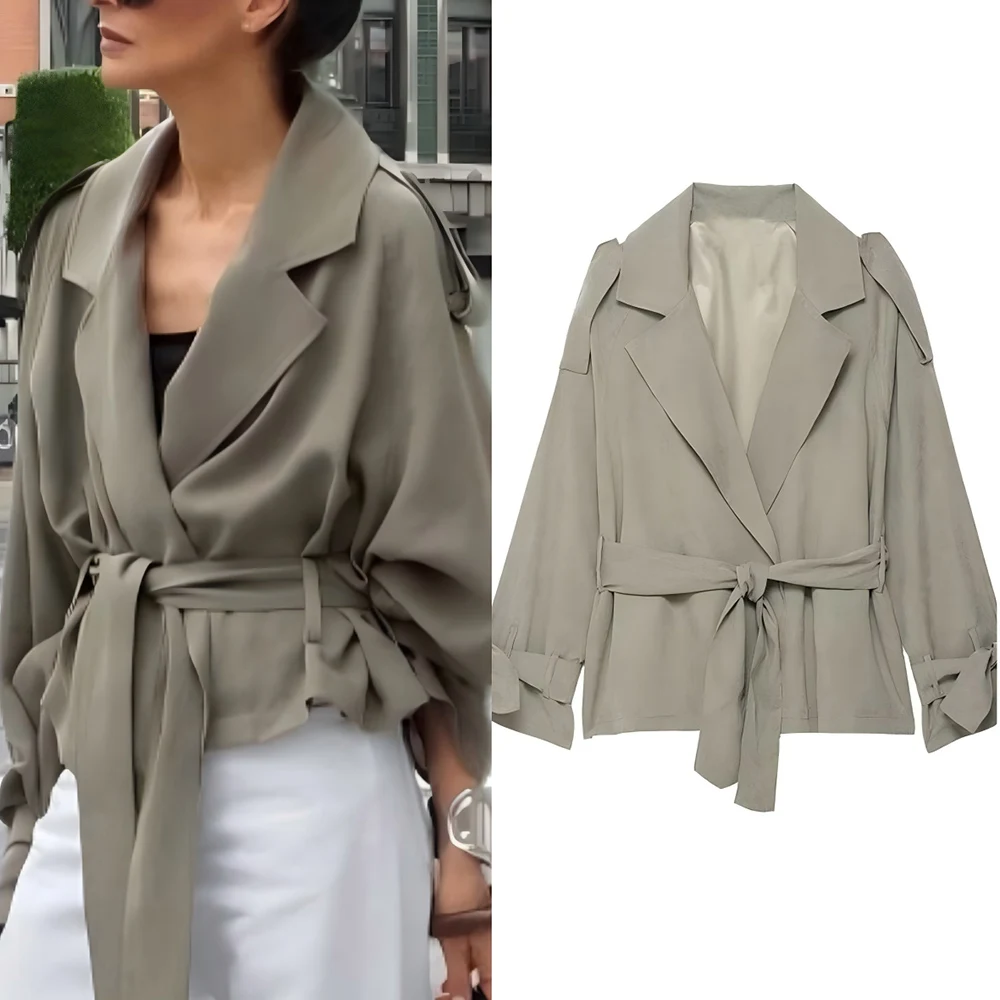 

Women's 2025 new fashion With Belt loose suede texture short lapel Coat retro long sleeved lace up women's Coat chic top