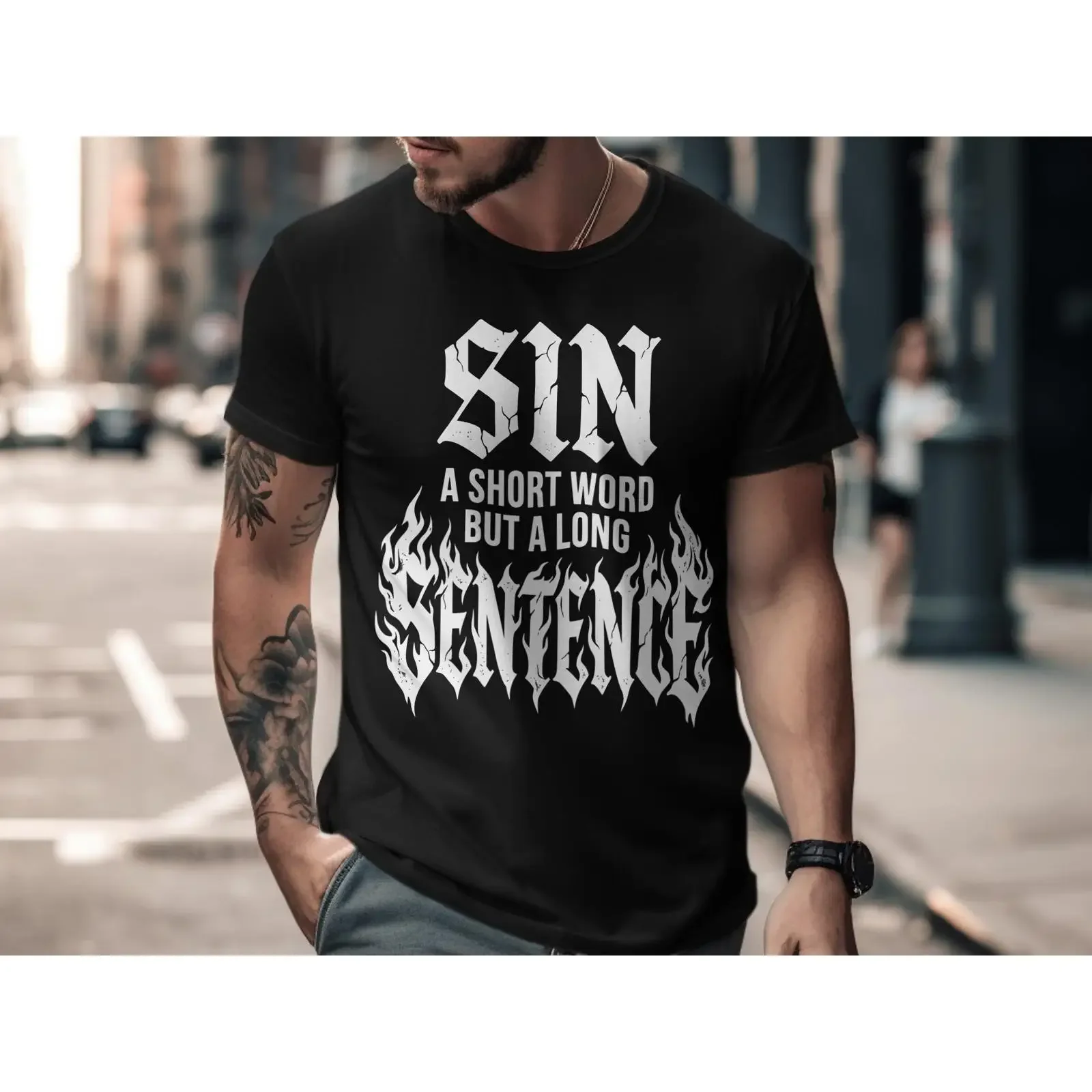 Sin A Short Word But Long Sentence T Shirt Edgy Flame Quote vintage Washed fashion Comfortable Casual Top For Everyday Wear