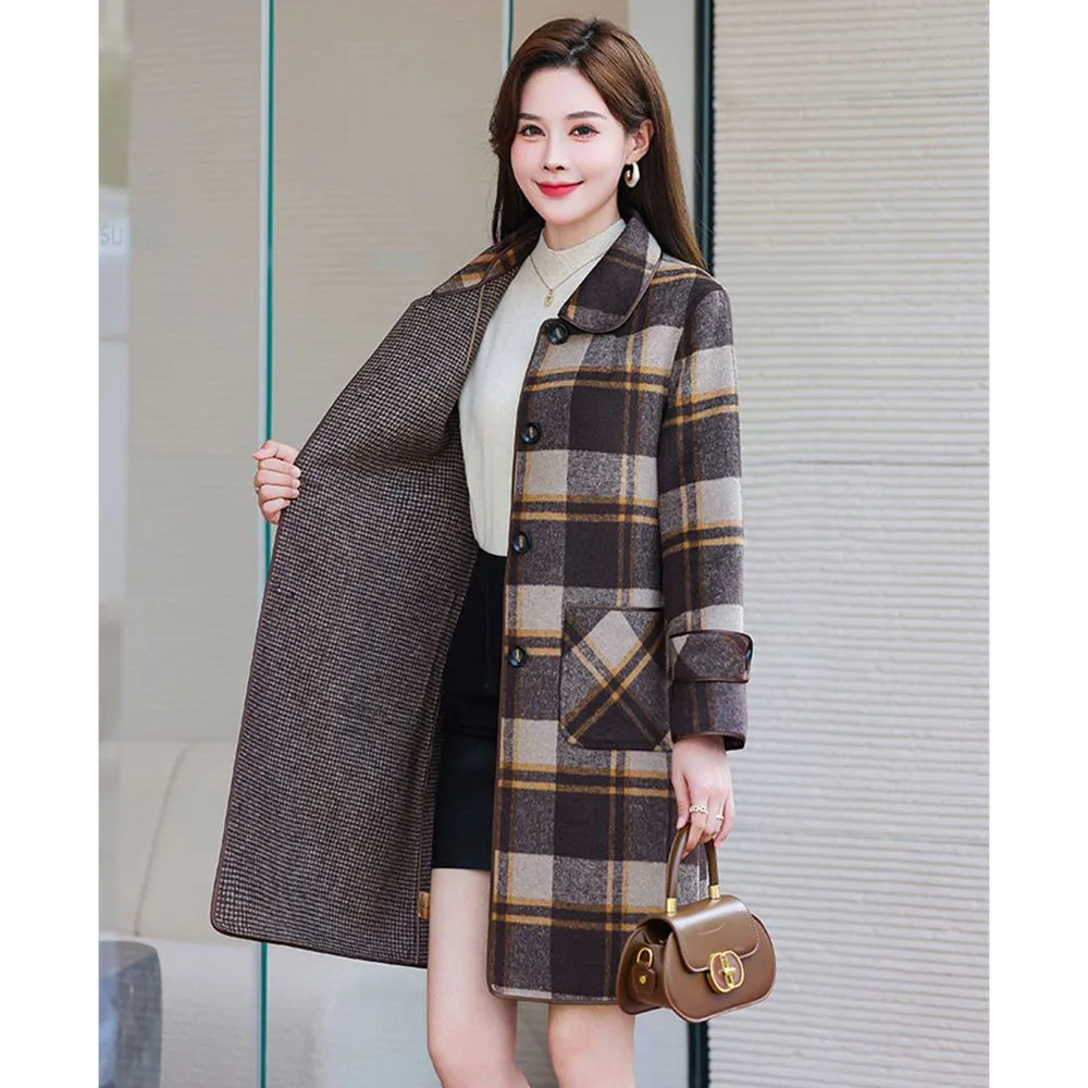 High End Fashion Women Double Sided Cashmere Woolen Coat Autumn Winter Single Breasted Plaid Wool Jacket Mother Long Windbreaker