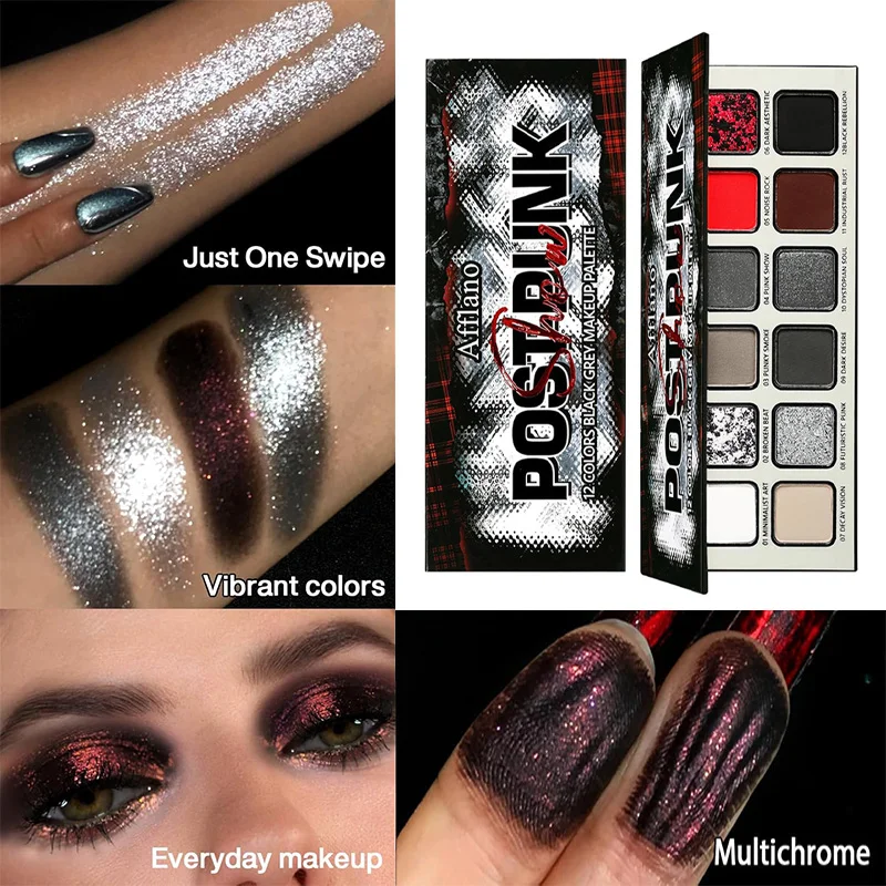 Paleta de Sombras de Ojos Afflano de 12 Tonos, Mate, Brillante, Metálico, Rojo, Negro, Gótico, Ahumado, Alta Pigmentación, Brillo Fino, Maquillaje de Ojos de Larga Duración