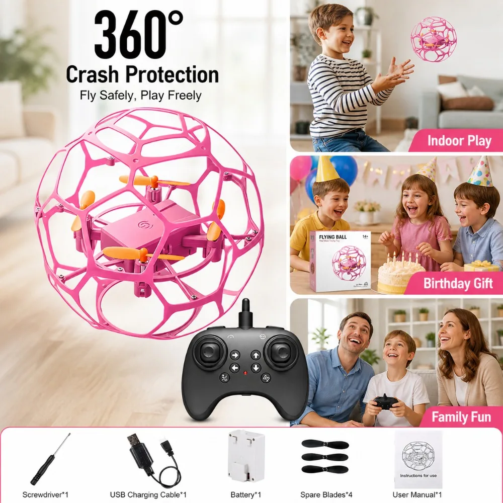 Football Shape RC Drone Quadcopter with LED Lights for Kids Beginners, 360° Crash Resistant Spherical Flying Ball Toy