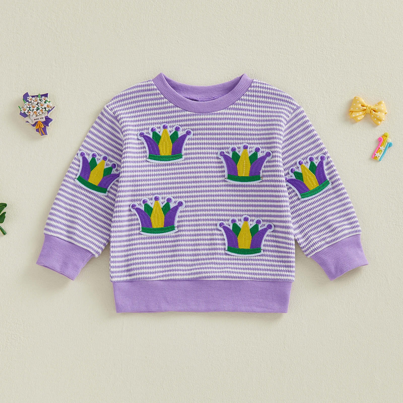 بلوزات كرنفال للفتيات الصغيرات بأكمام طويلة ورقبة دائرية ومطرزة على شكل تاج بلوفر مخطط