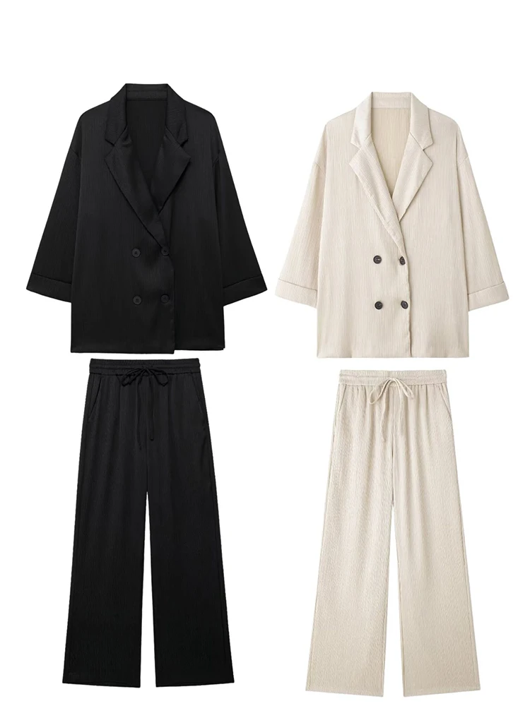 

HH 2024, женский повседневный пиджак, пальто, брюки, комплект, свободный двубортный пиджак с лацканами и длинными рукавами + брюки с высокой талией, женский костюм