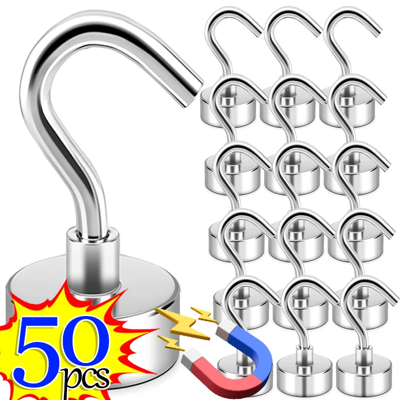 50/1Pcs Strong Magnetic Hooks Multi-Purpose Neodymium Magnet Hook Kitchen Refrigerator Keys Coat Storage Holders Bathroom Hanger