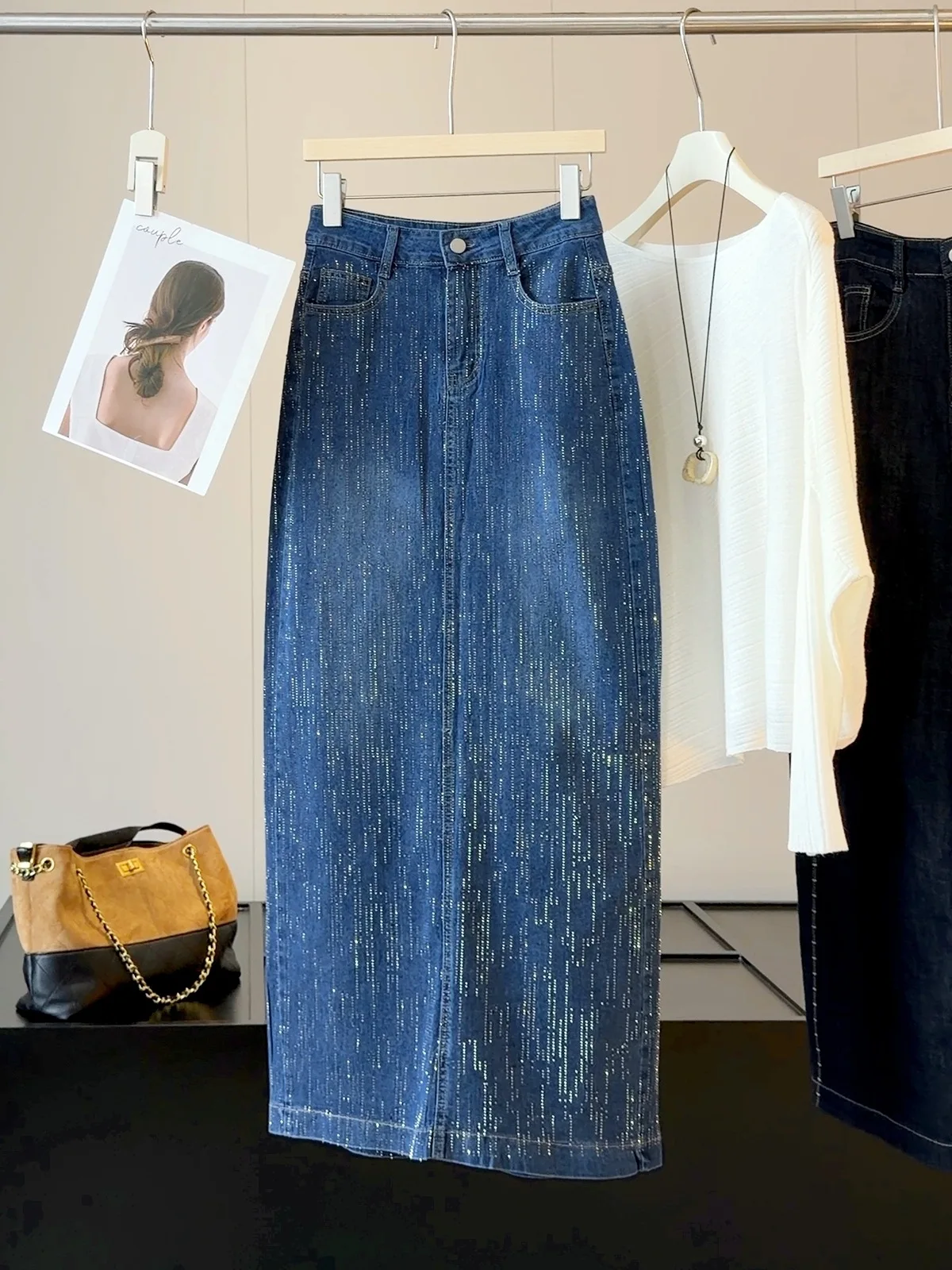 Sparkly Glitter Denim Blue Midi Skirt Women High Waist Long Jean Skirt Vintage Back Slit Metallic Streetwear Ladies Denim Skirt