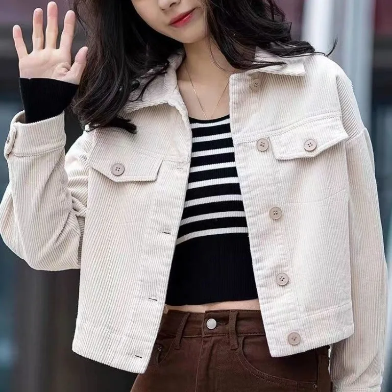Chic Lapel Button Pockets Corduroy Jacket Vintage Thin Crop Tops Women Clothing Trends Long Sleeve Shirts Spring Autumn Coats